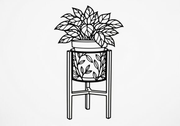 Black Potted Plant on Stand with Leaf Graphics