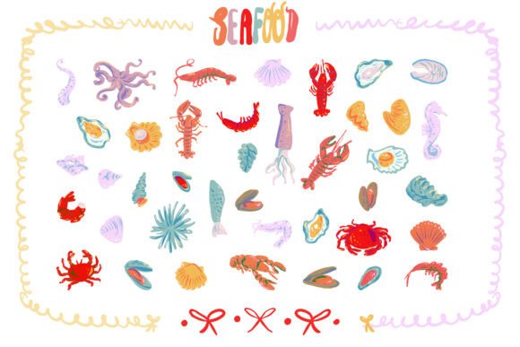 Colorful Hand Drawn Seafood Collection Graphics