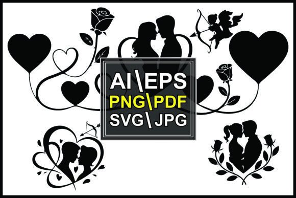 Silhouette Romantic Couple Hearts Roses